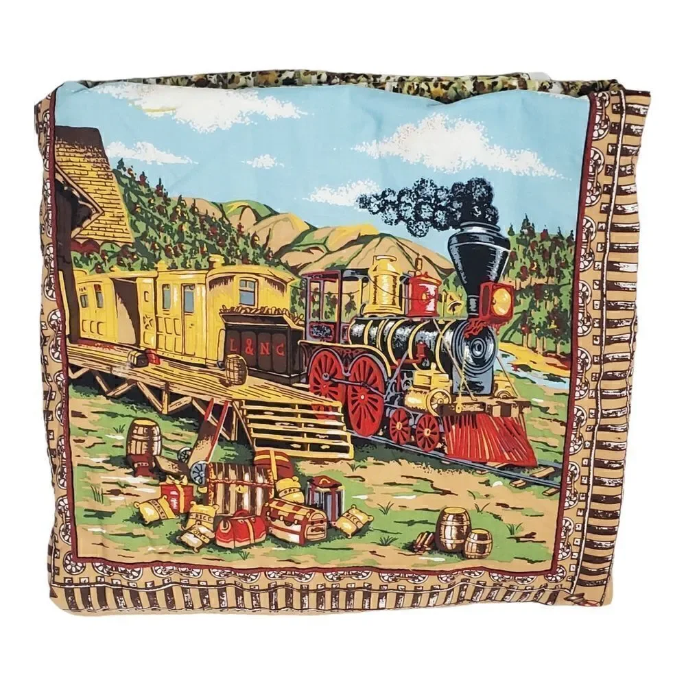 Reversible Baby Blanket Train Airplane Clouds Brown Blue Choo Choo Railroad